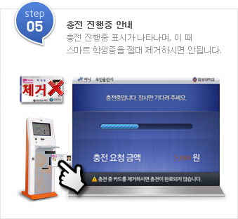 step05.충전 진행중 안내-충전 진행중 표시가 나타나며, 이 때 스마트 학생증을 절대 제거하시면 안됩니다.